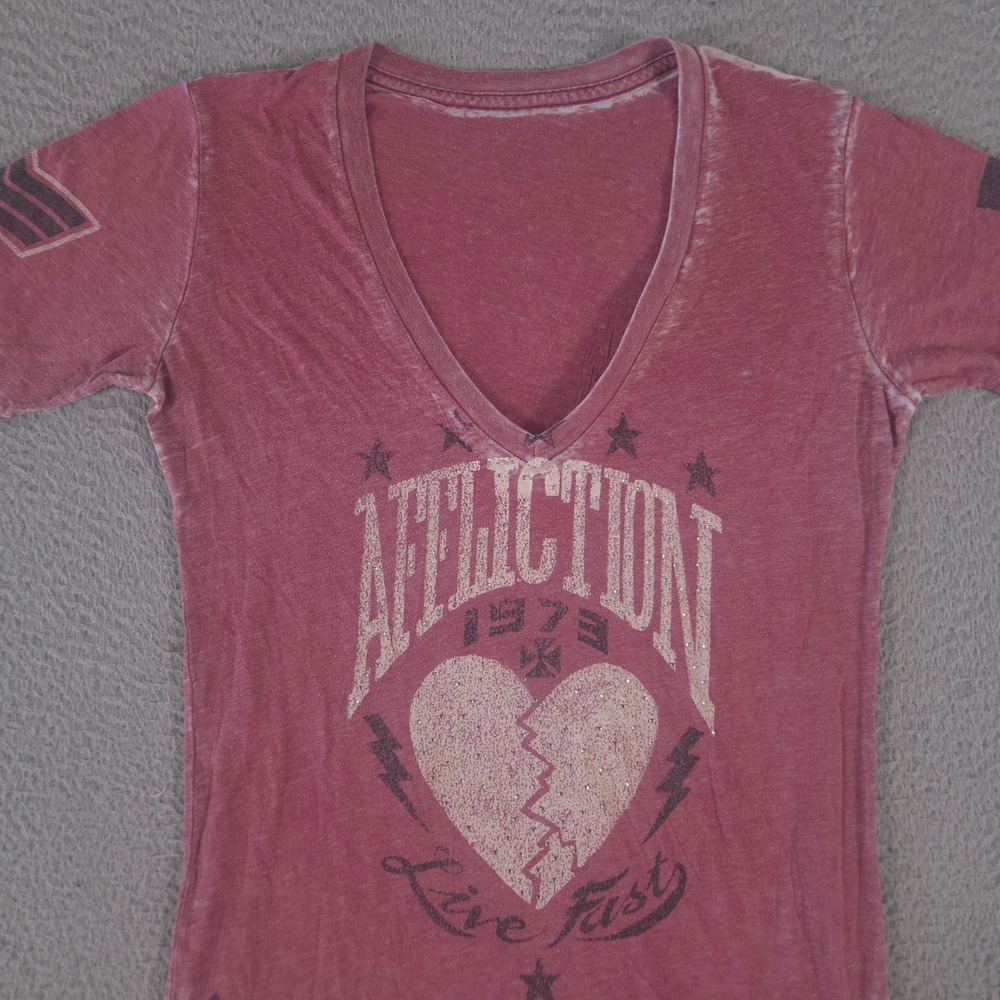 VINTAGE Affliction Shirt Womens M Red Live Fast Broken Heart Skull Wing Top Y2K